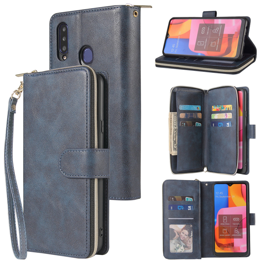 For Samsung A10/A20/A30/A50/A30S/A50S Pu Leather  Mobile Phone Cover Zipper Card Bag + Wrist Strap blue
