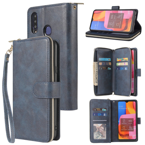 For Samsung A10/A20/A30/A50/A30S/A50S Pu Leather  Mobile Phone Cover Zipper Card Bag + Wrist Strap blue