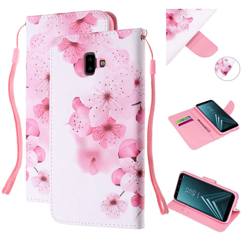 For Samsung J4 Plus/J6 Plus Cartoon Phone Shell Delicate Smartphone Case PU Leather Overall Protective Wallet Design peach blossom