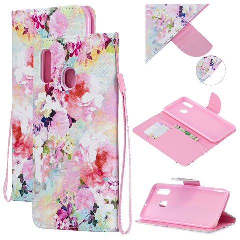 For Samsung A10/A20/A30 Smartphone Case PU Leather Wallet Design Cellphone Cover with Card Holder Stand Available Watercolor flower