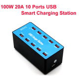 USB Charger 100W 10 Ports USB 20A Smart Phone Desktop Charging Station for 5V 2A for Samsung Xiaomi  blue_European regulations