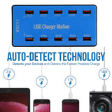 USB Charger 100W 10 Ports USB 20A Smart Phone Desktop Charging Station for 5V 2A for Samsung Xiaomi  blue_European regulations