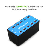 USB Charger 100W 10 Ports USB 20A Smart Phone Desktop Charging Station for 5V 2A for Samsung Xiaomi  blue_European regulations