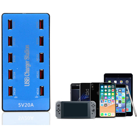 USB Charger 100W 10 Ports USB 20A Smart Phone Desktop Charging Station for 5V 2A for Samsung Xiaomi  blue_U.S. regulations