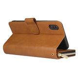 For iphone X/XS/XS MAX/11/11Pro Pu Leather  Mobile Phone Cover Zipper Card Bag + Wrist Strap brown