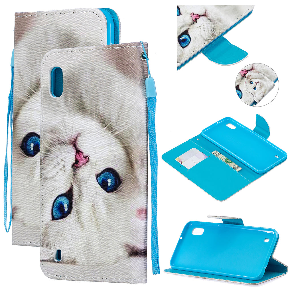 For Samsung A10/A20/A30 Smartphone Case PU Leather Wallet Design Cellphone Cover with Card Holder Stand Available Blue eyes cat