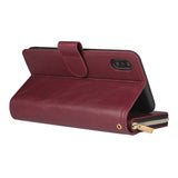 For iphone X/XS/XS MAX/11/11Pro Pu Leather  Mobile Phone Cover Zipper Card Bag + Wrist Strap Red wine