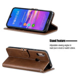 For HUAWEI Y6 2019 Denim Pattern Solid Color Flip Wallet PU Leather Protective Phone Case with Buckle & Bracket brown