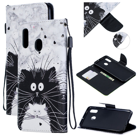 For Samsung A10/A20/A30 Smartphone Case PU Leather Wallet Design Cellphone Cover with Card Holder Stand Available Black white cat