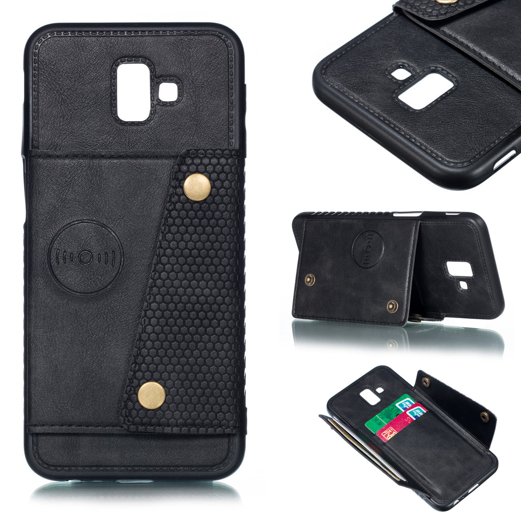 For Samsung J6 PLUS Double Buckle Non-slip Shockproof Cell Phone Case with Card Slot Bracket black