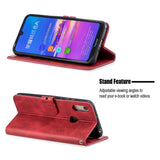 For HUAWEI Y6 2019 Denim Pattern Solid Color Flip Wallet PU Leather Protective Phone Case with Buckle & Bracket red
