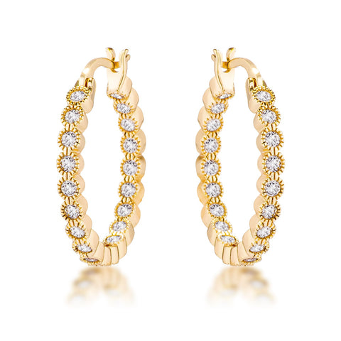Gold Plated Dotted Clear CZ Round Bezel Hoop Earrings