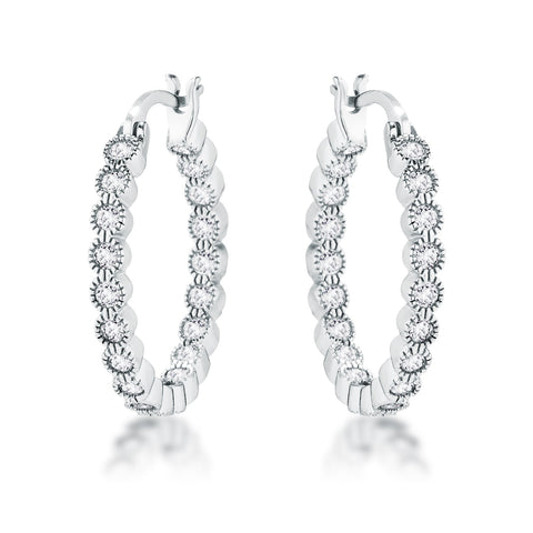 Rhodium Plated Dotted Clear CZ Round Bezel Hoop Earrings