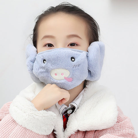 Kid 2-in-1 Warm Mask Earmuffs Cartoon Autumn Winter Thicken Plush Riding Outdoor Wear Blue_One size