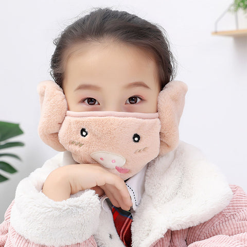 Kid 2-in-1 Warm Mask Earmuffs Cartoon Autumn Winter Thicken Plush Riding Outdoor Wear Khaki_One size