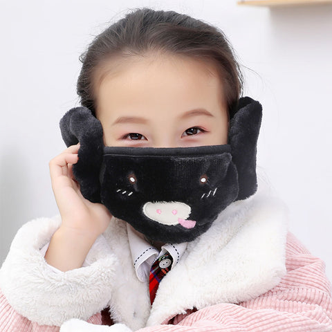 Kid 2-in-1 Warm Mask Earmuffs Cartoon Autumn Winter Thicken Plush Riding Outdoor Wear Black_One size