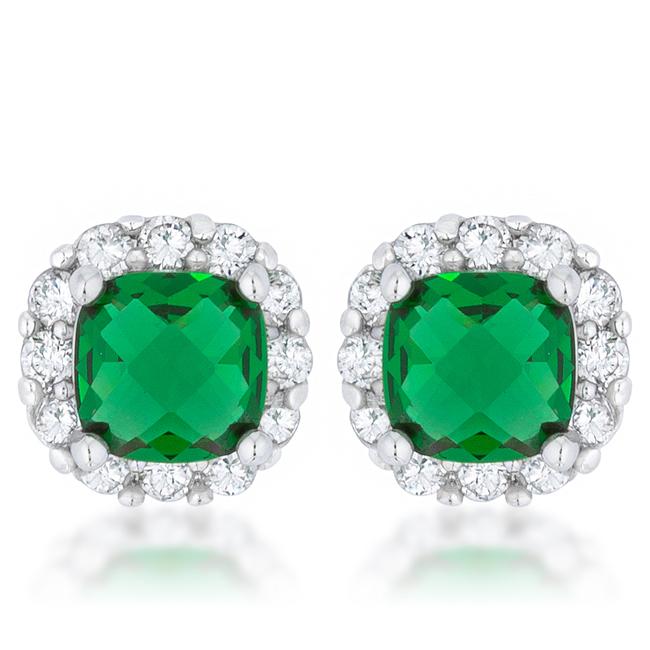 Liz 2ct Emerald CZ Rhodium Classic Cushion Stud Earrings