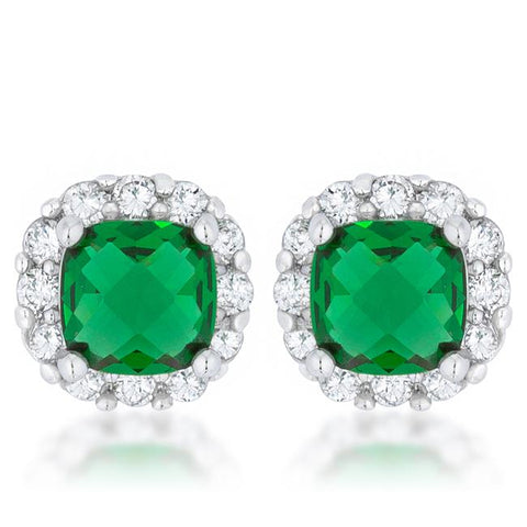 Liz 2ct Emerald CZ Rhodium Classic Cushion Stud Earrings