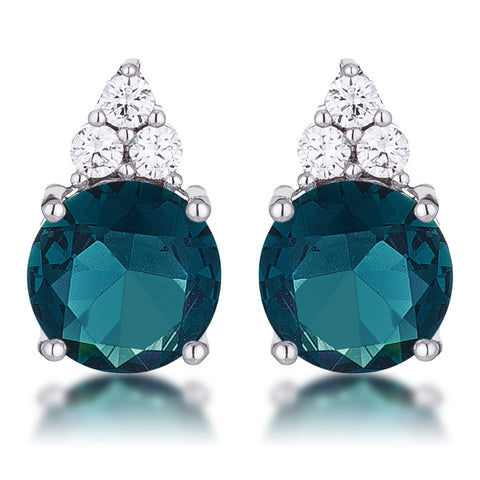 Simple Rhodium Plated 9mm Blue Green CZ Stud Earring
