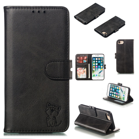 For iPhone 6/6S/7/8 Wallet-type Cute Cartoon Embossed Happy Cat PU Leather Protective Phone Case with Buckle & Bracket black