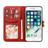 For iPhone 6/6S/7/8 Wallet-type Cute Cartoon Embossed Happy Cat PU Leather Protective Phone Case with Buckle & Bracket red