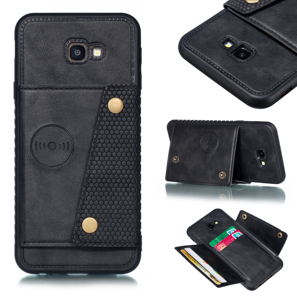 For Samsung J4 PLUS PU Protective Phone Back Case with Card Slot Bracket black
