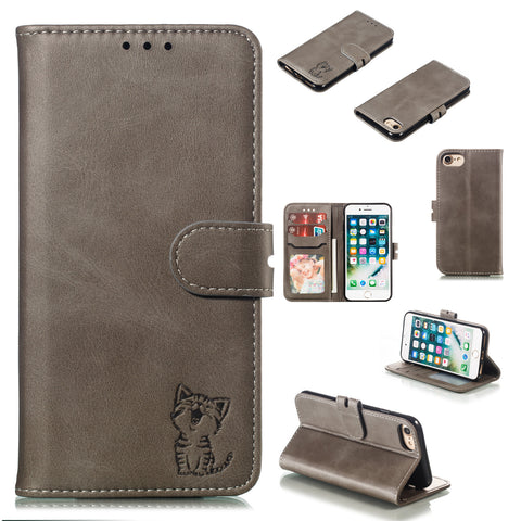 For iPhone 6/6S/7/8 Wallet-type Cute Cartoon Embossed Happy Cat PU Leather Protective Phone Case with Buckle & Bracket gray