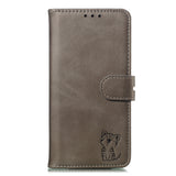 For iPhone 6/6S/7/8 Wallet-type Cute Cartoon Embossed Happy Cat PU Leather Protective Phone Case with Buckle & Bracket gray