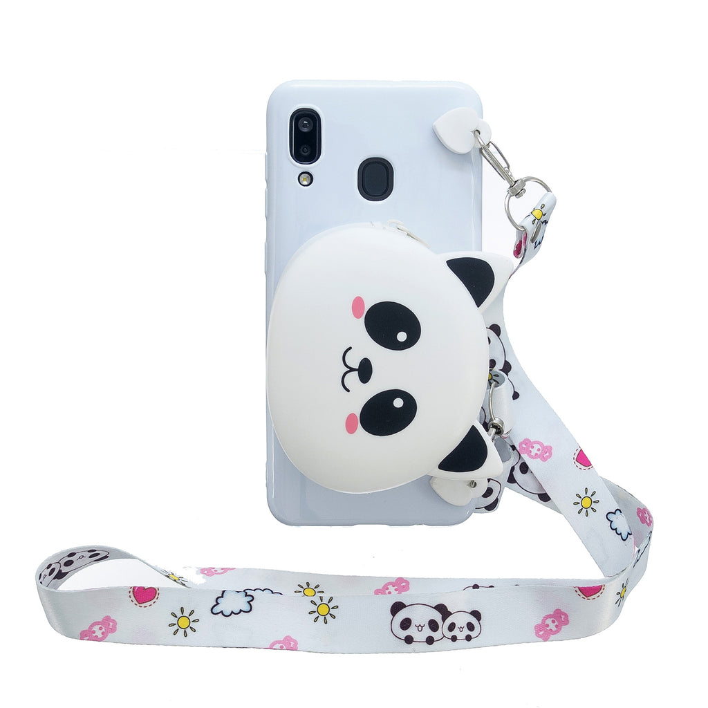 For Samsung A10/A20/A30 Case Mobile Phone Shell Shockproof TPU Cellphone Cover with Cartoon Cat Pig Panda Coin Purse Lovely Shoulder Starp  White