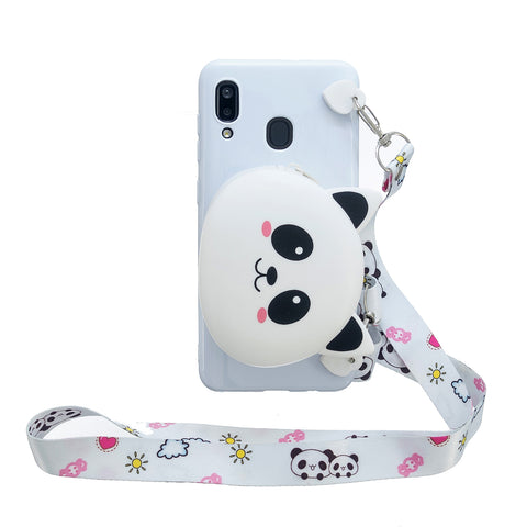 For Samsung A10/A20/A30 Case Mobile Phone Shell Shockproof TPU Cellphone Cover with Cartoon Cat Pig Panda Coin Purse Lovely Shoulder Starp  White
