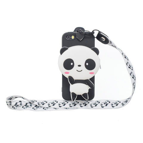 For Iphone 5 / 5S / SE Cartoon Hanging Lanyard + Fall Resistant Cartoon TPU Full Protective Mobile Phone Cover with Coin Purse 4 black pandas