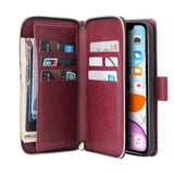 For iphone X/XS/XS MAX/11/11Pro Pu Leather  Mobile Phone Cover Zipper Card Bag + Wrist Strap Red wine