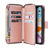 For iphone X/XS/XS MAX/11/11Pro Pu Leather  Mobile Phone Cover Zipper Card Bag + Wrist Strap Rose gold