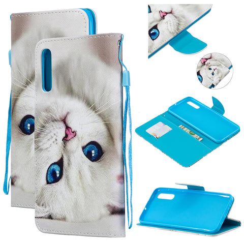 For Samsung A50/A70 Smartphone Case Overall Protective Phone Shell Lovely PU Leather Cellphone Cover with Card Slots  Blue eyes cat