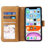 For iphone X/XS/XS MAX/11/11Pro Pu Leather  Mobile Phone Cover Zipper Card Bag + Wrist Strap brown