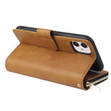 For iphone X/XS/XS MAX/11/11Pro Pu Leather  Mobile Phone Cover Zipper Card Bag + Wrist Strap brown