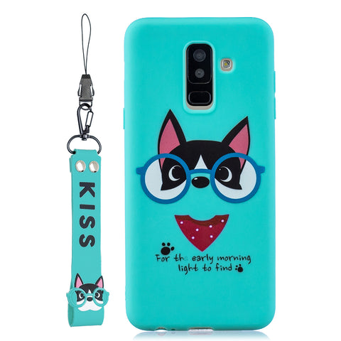 For Samsung A6 plus 2018 Cute Coloured Painted TPU Anti-scratch Non-slip Protective Cover Back Case with Lanyard Light blue