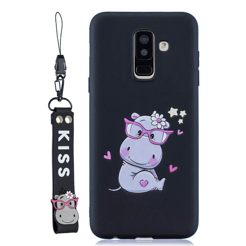 For Samsung A6 plus 2018 Cute Coloured Painted TPU Anti-scratch Non-slip Protective Cover Back Case with Lanyard black