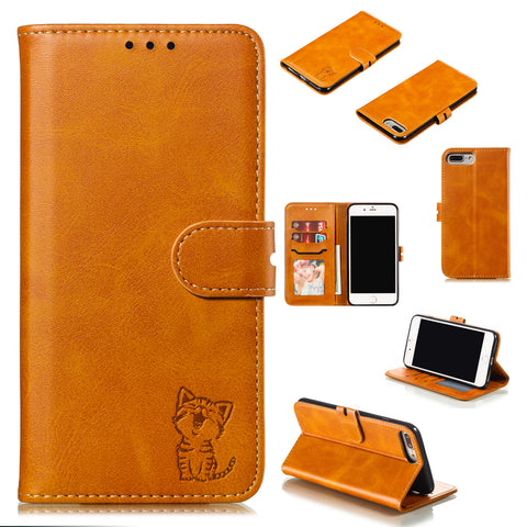 For iPhone 6 plus/6S plus/7 plus/8 plus Wallet-type Cute Cartoon Embossed Happy Cat PU Leather Protective Phone Case with Buckle & Bracket yellow