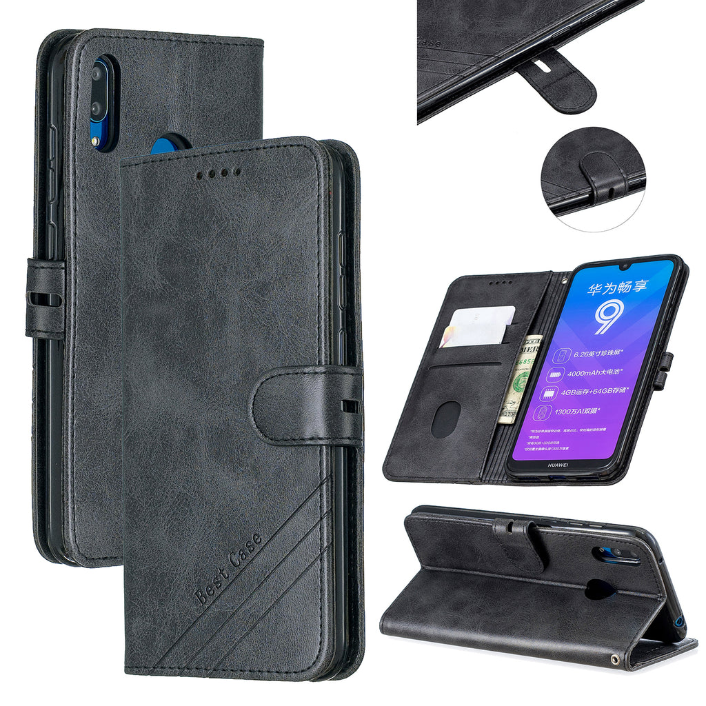 For HUAWEI Y7 2019 Denim Pattern Solid Color Flip Wallet PU Leather Protective Phone Case with Buckle & Bracket black