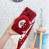 For Samsung A10/A20/A30 Case Mobile Phone Shell Shockproof TPU Cellphone Cover with Cartoon Cat Pig Panda Coin Purse Lovely Shoulder Starp  Red