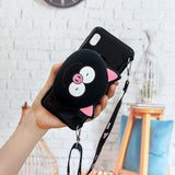 For Samsung A10/A20/A30 Case Mobile Phone Shell Shockproof TPU Cellphone Cover with Cartoon Cat Pig Panda Coin Purse Lovely Shoulder Starp  Black