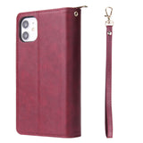 For iphone X/XS/XS MAX/11/11Pro Pu Leather  Mobile Phone Cover Zipper Card Bag + Wrist Strap Red wine
