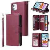 For iphone X/XS/XS MAX/11/11Pro Pu Leather  Mobile Phone Cover Zipper Card Bag + Wrist Strap Red wine
