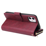 For iphone X/XS/XS MAX/11/11Pro Pu Leather  Mobile Phone Cover Zipper Card Bag + Wrist Strap Red wine