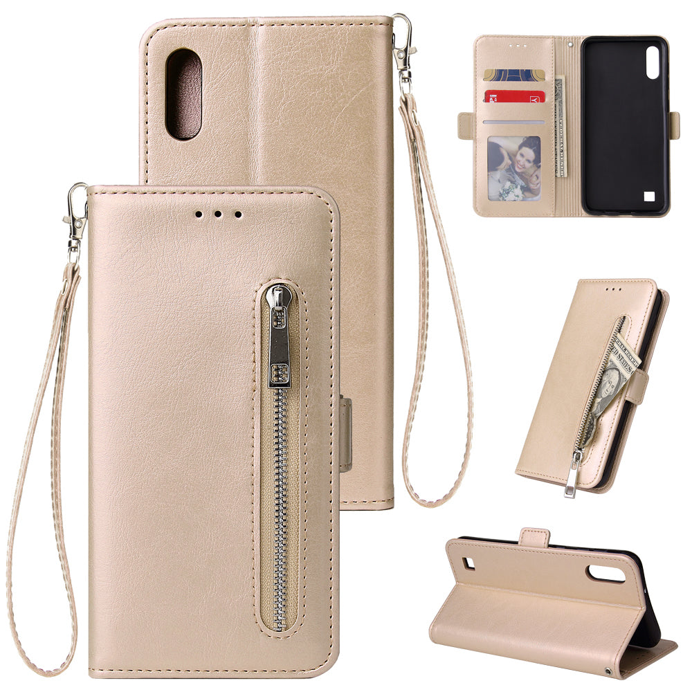 For Samsung A10 Solid Color PU Leather Zipper Wallet Double Buckle Protective Case with Stand & Lanyard gold