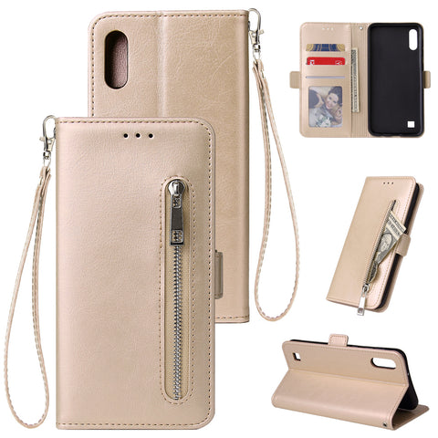 For Samsung A10 Solid Color PU Leather Zipper Wallet Double Buckle Protective Case with Stand & Lanyard gold