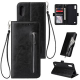 For Samsung A10 Solid Color PU Leather Zipper Wallet Double Buckle Protective Case with Stand & Lanyard black