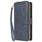 For Samsung A10/A20/A30/A50/A30S/A50S Pu Leather  Mobile Phone Cover Zipper Card Bag + Wrist Strap blue