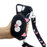 For Samsung A10/A20/A30 Case Mobile Phone Shell Shockproof TPU Cellphone Cover with Cartoon Cat Pig Panda Coin Purse Lovely Shoulder Starp  Black
